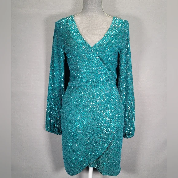 Fashion Nova | Dresses | Fashion Nova Evening Sequin Long Sleeve Bodycon Mini  Dress V Neck Open Back Sz M | Poshmark